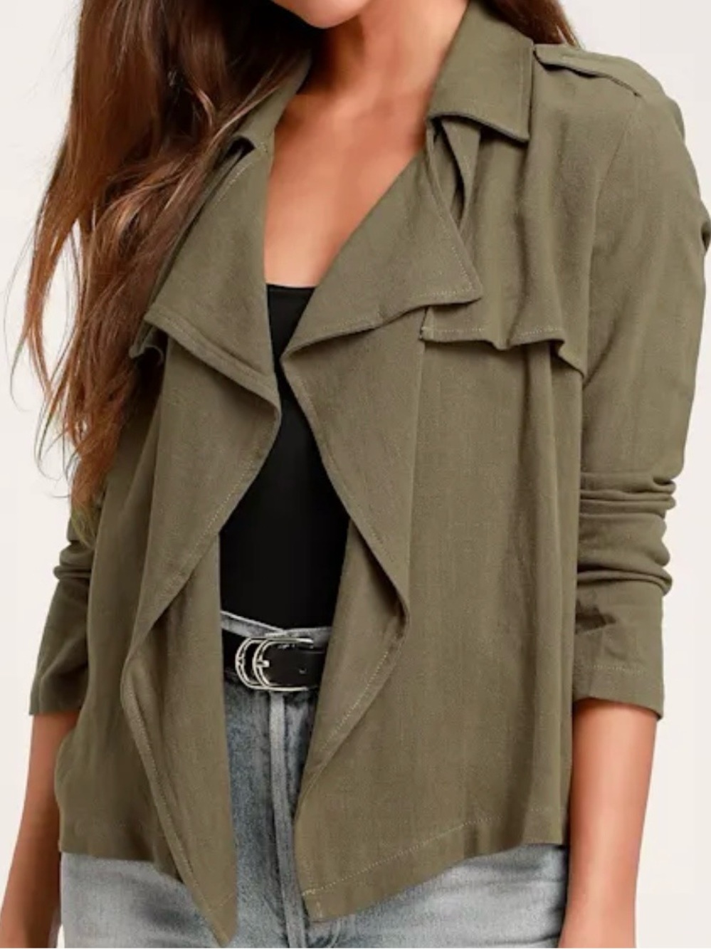 Lulus Carlow Olive Green Linen Cotton Blend Open Front Jacket Size S Military